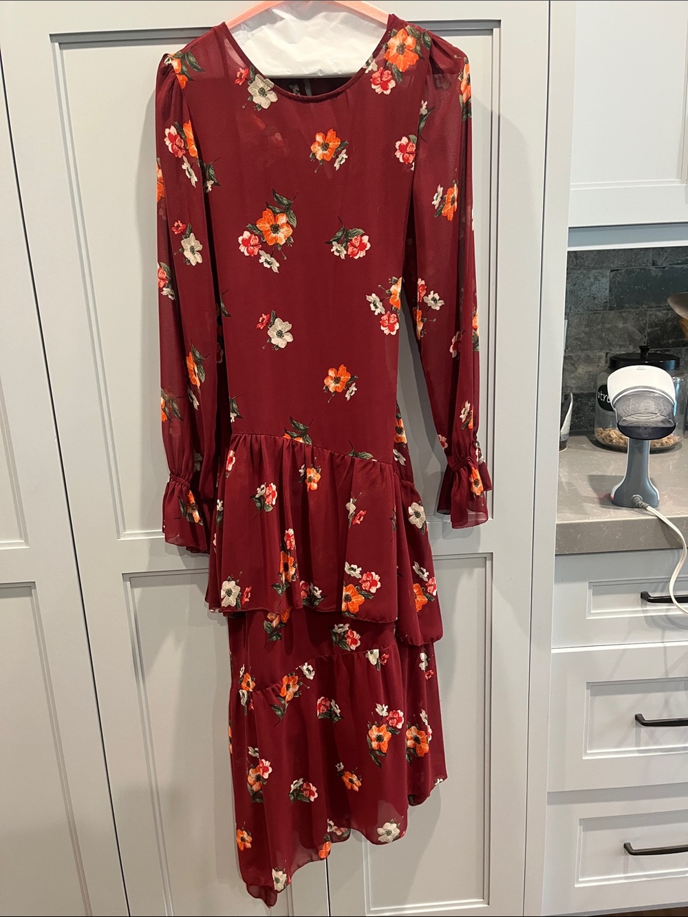 Astr Burgundy Floral Tiered Long-Sleeve Dress